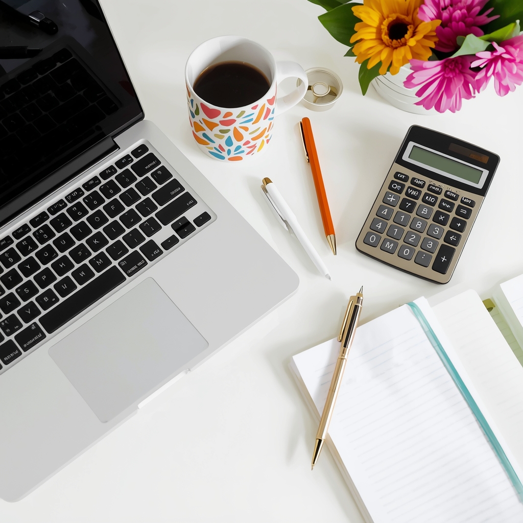 lucid-origin_On_the_white_desk_lies_a_laptop_next_to_a_calculator_a_coffee_mug_a_notebook_and-0